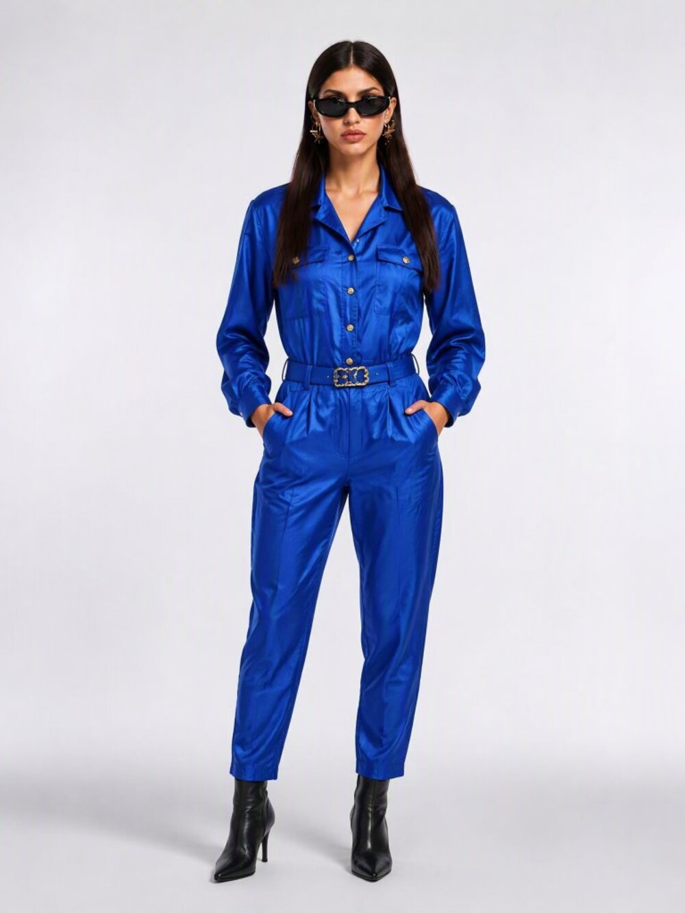 Vintage 80's Blue satin Sandy Sandy Belted Military-style Epaulettes Jumpsuit 10